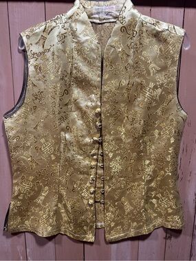Vintage, Custom, Authentic Chinese Gold Brocade Mandarin Collar Silk Top